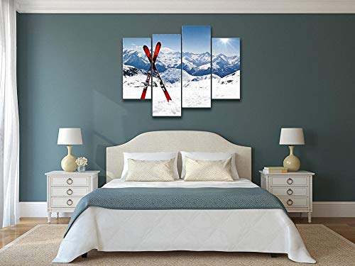 Pair Of Red Skis Crossed And Wedged In Snow On Mountain Canvas Wall Art Hanging Paintings Modern Artwork Abstract Picture Prints Home Decoration Gift Unique Designed Framed 4 Panel #TOP1