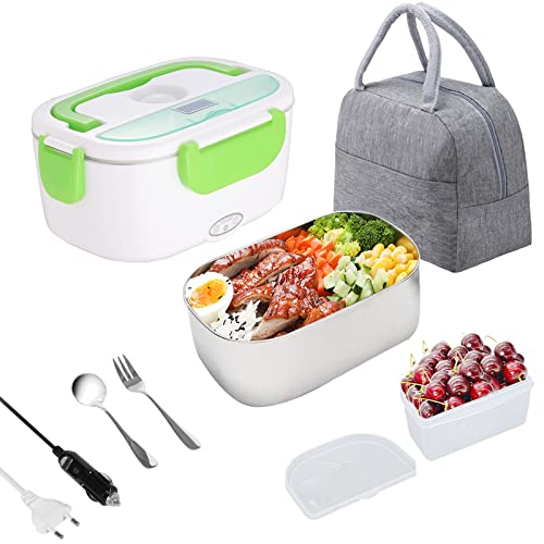 Nifogo Gamelle Chauffante 12V 24V 220V, Boîte à lunch chauffée 60W, Lunch Box Chauffante Électrique Boite repas enfant/adulte pour Bureau, école, Voyage,Voiture, Avec Sac Isolation(Vert)