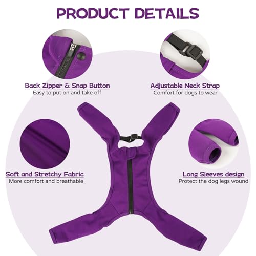 Image of BRKURLEG 4-Leg Dog Recovery Suit, Leg Wound Protector, Purple S | Soft Surgical Onesie Protects Leg Wounds, Elbow & Knee Cover, Warm Dog Legs, Cone Alternative, Allows Easy Potty Access