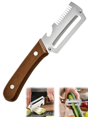 Multifunctional Vegetable Peeler for Kitchen Wooden Handle Peeler with Bottle Opener Multi Functional Stainless Steel Kitchen Tool Helper for Potato Fruit Pumpkins Peeling Slicing or Shredding