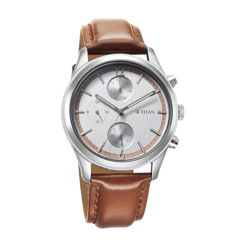 Image of Titan Multifunction Classique Silver White Round Dial Dark Brown Colour Stainless Steel Strap Mens Watch - 10026SL02