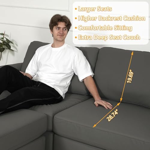 Image of EASE MOOSE 3 Seater Deep Seat Sectional Sofa, Scratch Resistant Faux Leather Material, Oversized Modular Couch for Living Room,Modern Comfy Sofas for Small Spaces,Grey