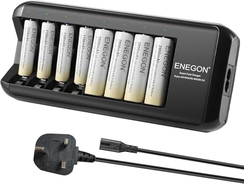 ENEGON Rechargeable AA and AAA Battery Charger Fast 8 Slots with 4 Rechargeable AAA 1100mAh&4 AA 2800mAh Ni-MH Pre-Charged High Capacity for Home Toys and Electronics