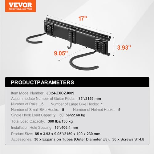 VEVOR Bike Storage Rack, 6 Bike Racks and 5 Helmets Hooks, Wall Mount Bike Storage Hanger, Home & Garage Organizer, Customizable for Various Bike Sizes, Adjustable Holder, Holds Up to 300 lbs, 85-inch image 3