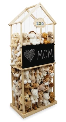 Extra Large Stuffed Animal Storage Zoo  Wooden Vertical Plush Toy Organizer & Storage with Built-in Chalkboard, 3 Chalks & Holder, Tool-Free Assembly, Anti-Tip Strap & Bumpers