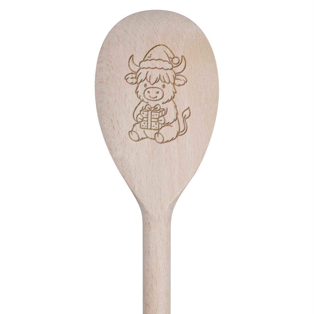Azeeda 30cm 'Festive Highland Cow' Wooden Cooking Spoon (SO00026835)