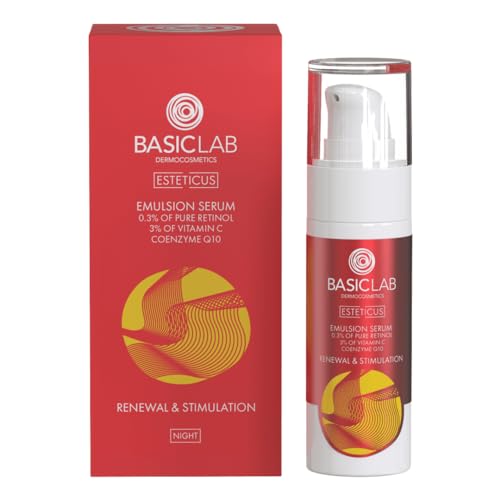 BasicLab Dermocosmetics Emulsion Siero viso con retinolo, coenzima Q10 e vitamina C | 15 ml | Siero da notte anti-rughe per donne