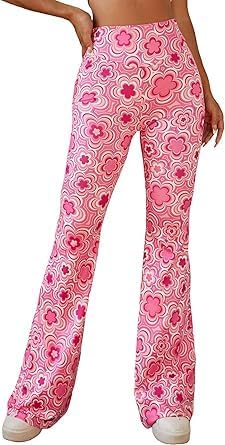 Women's Floral Printed high Waisted Yoga Pants, Wide Leg Pants, Flared Pants (AU, Alpha, Small, Regular, Regular, Pink)