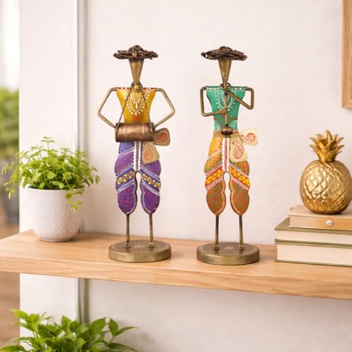 Image of CraftVatika Handpainted Iron Standing Musician Set of 2 Playing Musical Instrument Figurine Showpiece for Home Decor, Multicolor (13.5 Inches Height)