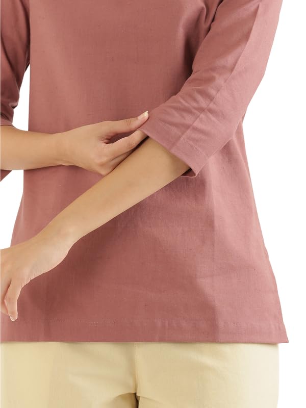 Image of SAADAA Airy Linen Split Neck Short Kurta for Women | Casual & Office Wear | 3 /4 Sleeves, Comfortable Fit | Elegant Top | Lightweight & Breathable Fabric |