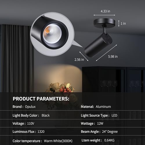 Image of LED Dimmable Indoor Ceiling Spotlight, Hardwire Directional Fixture | 12W Adjustable Wall Surface Accent Lamp for Home Corridor Picture Artwork, 360 Rotatable Directional Spot Light, Black 4Pcs