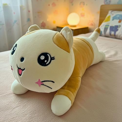 Image of Tickles Sleeping Cat Soft Stuffed Plush Animal Pillow for Kids Boys & Girls (Size: 35 cm Color: White & Brown)