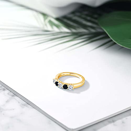 Gem Stone King 18K Yellow Gold Plated Silver White Lab Grown Diamond and Black Onyx 5-Stone Alternate Wedding Band Ring For Women (0.77 Cttw, Round 3.5MM, Available In Size 5, 6, 7, 8, 9)4