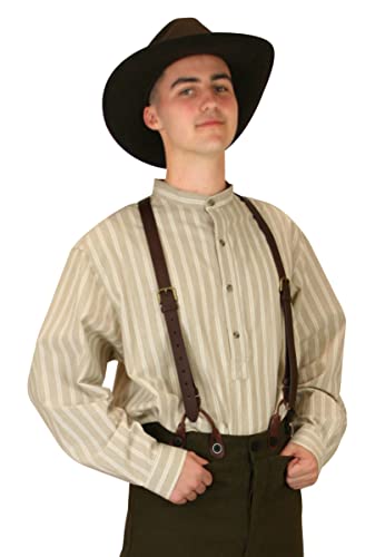 Historical Emporium Men's Band Collar Stiped Cotton Work Shirt, Victorian Edwardian Period Costume Reenactment M Tan