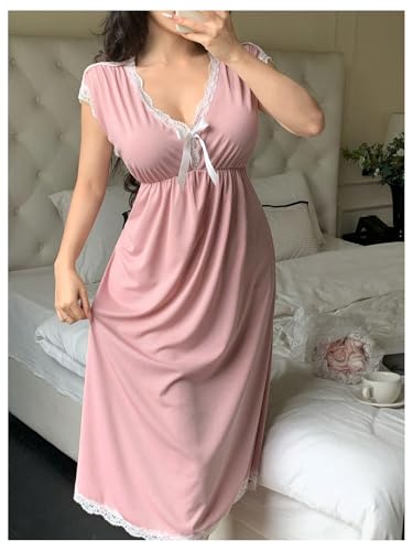 SHENHE Women's Lace Trim Short Sleeve Nightgown Bowknot V Neck Coquette Sleepshirt Lounge Dress2
