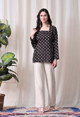 Image of MEERA FAB Women's Floral Printed Cotton Short Kurta Square Neck | Floral Printed Kurta with Full Sleeves | Short Kurti for Women