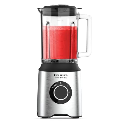 Taurus - Batidora de Vaso Potente 1500W | 2 Velocidades TURBO | Jarra Cristal 2L | Cuchillas 6 Filos | Acero Inoxidable | Base Antideslizante | BPA Free