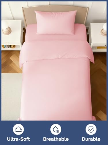 Image of Kids Twin Size Bed Sheet Set - 3 Piece Kids Loft Bed Sheets - Solid Pink Themed Bedding - Soft, Cute and Cozy - Breathable and Machine Washable - Bedding for Boys, Girls, Teens & Toddlers - Oeko-Tex