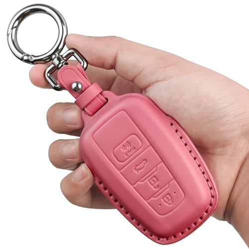 Tukellen for Toyota Key Fob Cover Genuine Leather With Keychain,Leather Key Case Protector Compatible with 2020-2022 Highlander Corolla Prius 2018-2024 RAV4 Camry Avalon C-HR GT86 -Pink