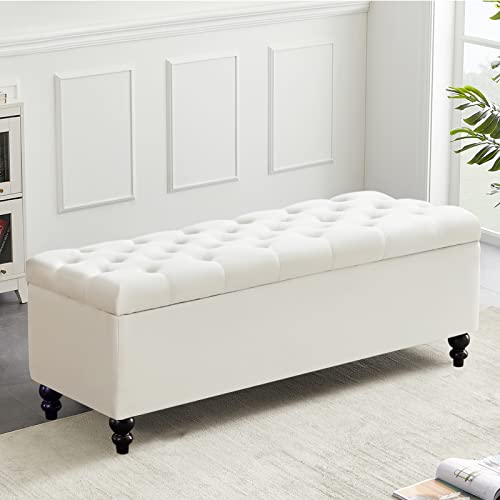 Storage Ottoman 50.2 Inches Upholstered Fabric Storage Ottoman Bench,Button Tufted Ottoman with Storage for Living Room,Bedroom End of Bed Bench Withstands 304lbs (Ivory)