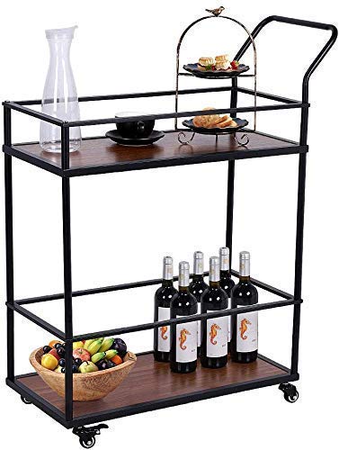 INDIDECOR 45148 Classic Kitchen Serving Cart, Mobile Bar Cart Utility Trolley Industrial Wood Metal Wine Rack Cart on Wheels with 2 Tier Storage Shelf and Handle for The Home Dining Room, Vintage