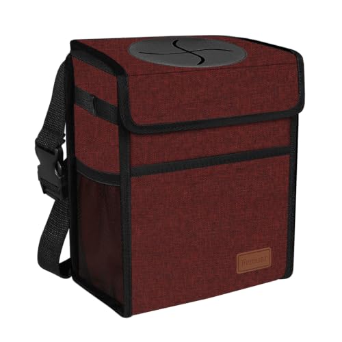 Image of Femuar Leak Proof Car Trash Can with Lid, Collapsible Hanging Waterproof Car Trash Bag with Mesh Pocket for SUV Front Seat Headrest, Burgundy