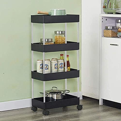 Image of AEXONIZ TOYS Plastic Kitchen Storage Trolley Rack with Wheels, Slide Out Rolling Utility Cart Storage Shelves, Space Saving Home Storage Organizer Racks (Black, 4 Layer)