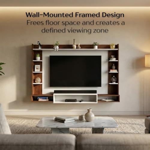 Image of BLUEWUD Orelia Wall Mount TV Unit, TV Stand /TV Entertainment Unit, TV Cabinet | TV Panel with Shelves for Soundbar & Decor Display Unit Bedroom Living Room Upto 60 Inches - DIY (Brown Maple & White)