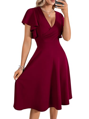 LYANER Women's Warp V Neck Ruffle Short Sleeve A Line Swing Flared Cocktail Party Midi Dress