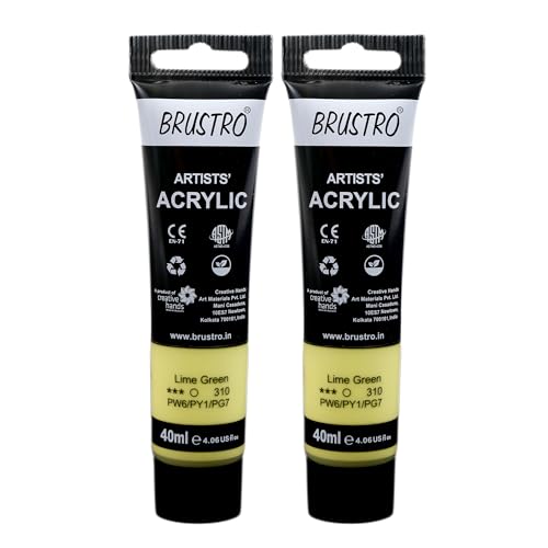 Image of BRUSTRO Artists Acrylic Paint Tube | 40ml, Lime Green (Pack of 2) | Pastel Tone|Non-Toxic,Water Based,Inter Mixable,Ideal for Painting,Textured Effects on Canvas,Paper,Fine Art Student