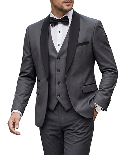 Image of MY'S Mens 3-Piece Suit Shawl Lapel One Button Tuxedo Winter Fabric Slim Fit Premium Dinner Jacket Vest Pants & Tie Set