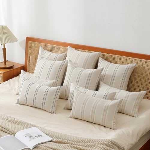 Hckot Throw Pillow Covers 16x16 Set of 2 Striped Pillow Covers Textured Linen Decorative Pillows Square Cushion Covers for Sofa Couch Bed Living Room Farmhouse Decor