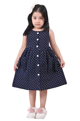 Image of minicult Kids Printed Cotton Frock Dress for Baby Girls|Comfortable Summer Wear Western Dress| Knee Length, Bachho ki Frock for Birthday, Evening Navy Blue