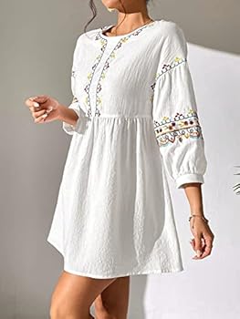 SHEIN PETITE Ditsy Floral Embroidery Lantern Sleeve Smock Dress, M1537049,  White, Petite S: Buy Online at Best Price in Egypt - Souq is now Amazon.eg