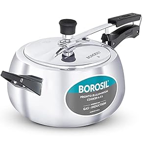 Borosil Pronto Induction Base Inner Lid Aluminium Pressure Cooker, 3.6 mm Thick Base, 6.5 L, Silver