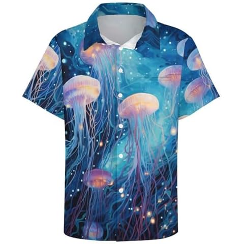 TiwBski Hawaiian Beach Shirts for Men Jellyfish Art Printing Button Down Shirts Short Sleeve,Blue,L Cover