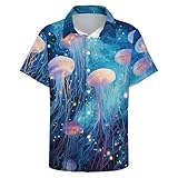 TiwBski Hawaiian Beach Shirts for Men Jellyfish Art Printing Button Down Shirts Short Sleeve,Blue,L