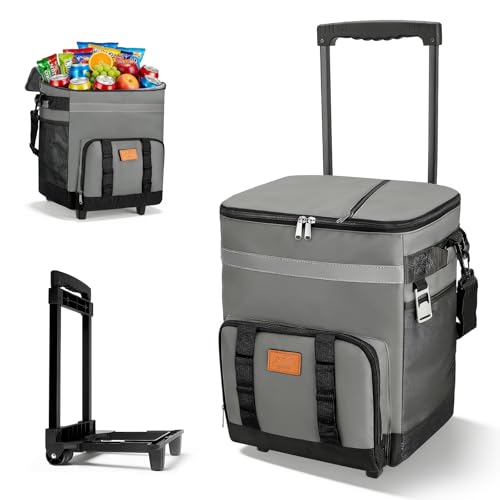 Nevera con ruedas grande, 35 L, plegable con ruedas con mango telescópico, a prueba de fugas, bolsa térmica aislada, hasta 20 horas de tiempo de refrigeración, bolsa nevera con ruedas para picnic
