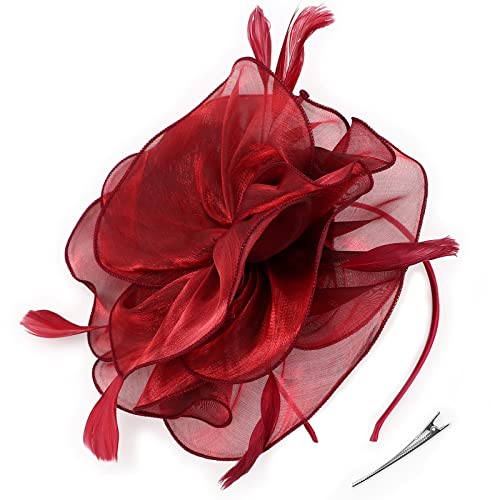 DRESHOW Fascinators Chapéu Cocktail Festa de Chá Adereços Flor de Malha Organza Fitas Penas em uma diadema e um clipe de garfo para meninas e mulheres, Tamanho único