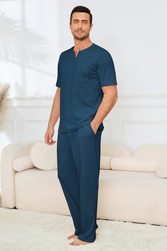Image of JiniGolla Mens Pajamas Set Soft Short Sleeve Top and Pant Loungewear Sets 2 Piece Pjs with Pockets