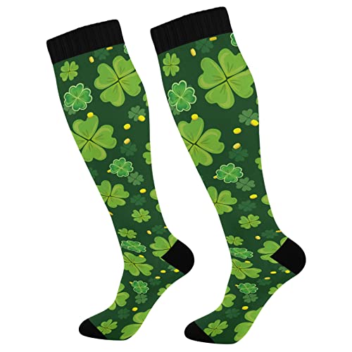 St Patrick s Four Leaf Clover Compression Socks for Women & Men Circulation Long Socks for Running Cycling Athletic Nurse