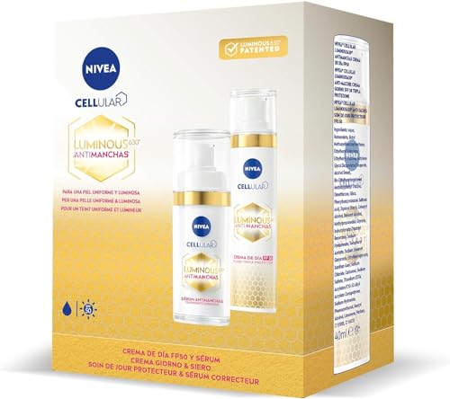 NIVEA Cellular LUMINOUS 630 Pack Antimanchas Tratamiento Avanzado, set de regalo con sérum facial (1 x 30 ml) y crema de día (1 x 40 ml) para una piel uniforme y luminosa