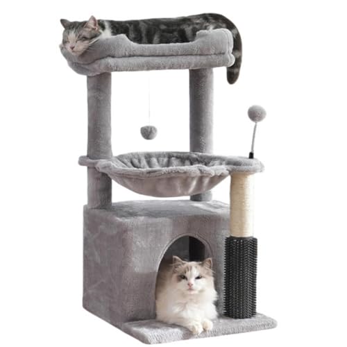 Lullaxx Cat Tree 32.2 Inch Tall With Cat Jumping Platform Large Hammock Replaceable Floating Ball And Rubber Scratcher (Grey)