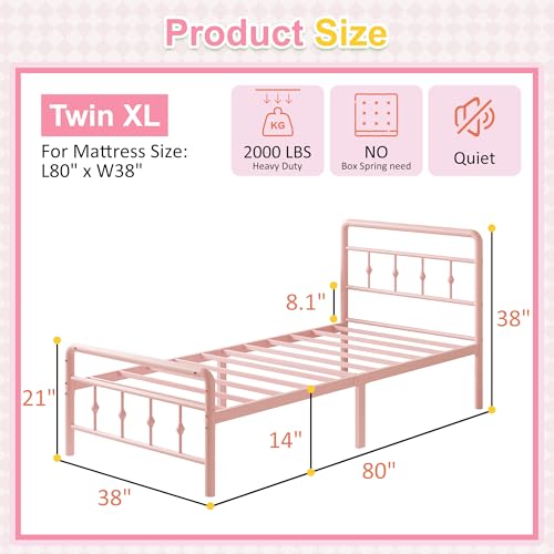 Image of Richwanone 14 inch Twin XL Bed Frame with Headboard and Footboard, Heavy Duty Metal Bed Frame Victorian Style, No Box Spring Needed, Easy Assembly, Pink