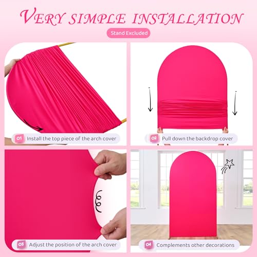 Image of Hot Pink Arch Backdrop Cover Set of 3 (7.2ft, 6.6ft, 6ft), Double-Sided Spandex Chiara Arch Frame Covers, Wrinkle-Free Vibrant Matte Fabric for Birthday Party Decor (No Stand)