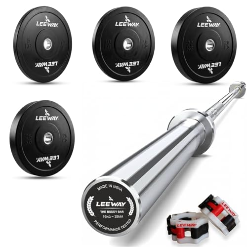 Image of Leeway Olympic Barbell with Bumper Weight Plates | 120 Kg Rubber Weight Plate Set and 7.2 Ft Chrome Gym Bar | Olympic Weightlifting Gym Plates for Home and Commercial (120kg Set (5X2+10X2+20X2+25X2))