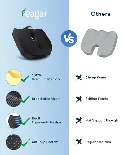 Feagar Memory Foam Seat Cushion for Office Chairs Desk, Gaming Chair Pad Tailbone Comfort Support Mesh Cover Dense Hip Sciatica Car Seat Cushion for Long Sitting Black