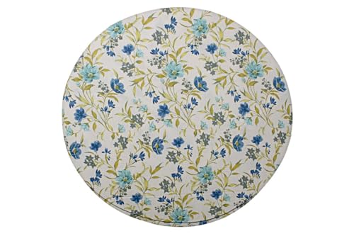 Image of The Furnishing Tree Elastic Cotton Round Center Table Cover 24x24 in Inches Floral Blue Leaf on offwhite Base