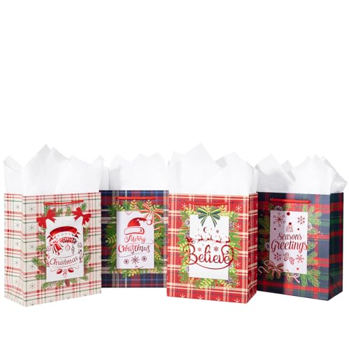 Image of Loveinside Christmas Gift Bags Set, Gold Foil Holiday Wreath & Plaid Design, Medium Size Bags with Handle, Tissue Paper for Christmas Gifts & Party Favors, 4 Pack, 7 inch X 4 inch X 9 inch