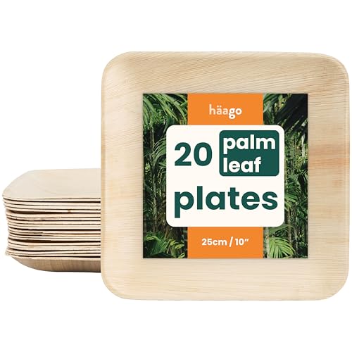 HAAGO 20 Platos Desechables Hoja de Palma 25cm (10') Cuadrados – Platos Desechables, Aspecto Madera/Bambú - Aptos Microondas y Congelador – Biodegradables y Compostables – Fiesta, Picnic, BBQ, Boda
